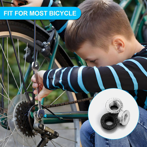 Child fixing bike wheel using 24 Piece Bicycle Nuts And Washers Kit With M8 M9.5 And M10 Sizes For Front And Rear Wheel Axles