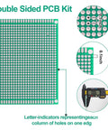 32 Pieces PCB Board Set With Five Sizes Double Sided Prototyping Boards For DIY Electronics Projects Point One Inch Spacing With Corner Mount Holes Soldering Ready showing detailed measurements and features.