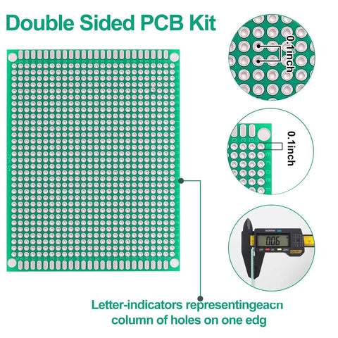 32 Pieces PCB Board Set With Five Sizes Double Sided Prototyping Boards For DIY Electronics Projects Point One Inch Spacing With Corner Mount Holes Soldering Ready showing detailed measurements and features.