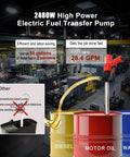 Heavy Duty Bad Boy Electric Drum Pump For 55 Gallon Barrels With 36 Inch Stainless Steel Tube And 6.6 Foot Wire Hose Slick Diesel And Lubricant Swap Set With 2480 Watt 110 Volt 13000 Rpm transferring diesel from red barrel to container.