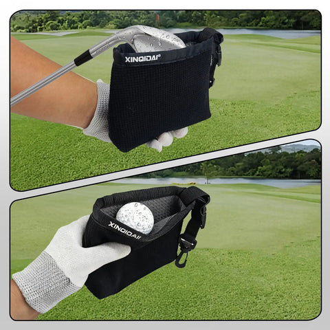 Waterproof Golf Club And Ball Cleaning Bag With Detachable Clip No Spill Liner Keeps Grooves Clean On The Fly Machine Washable Golf Bag Accessory For Men Great Golfer Gift shown in use on a golf course.