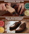 Premium Eleven Piece Leather Care Kit With Horsehair Brushes Rich Saddle Soap Conditioning Mink Oil Waterproofing Wax Soft Polishing Cloths And Microfiber Pads, application of mink oil on polished leather shoes.