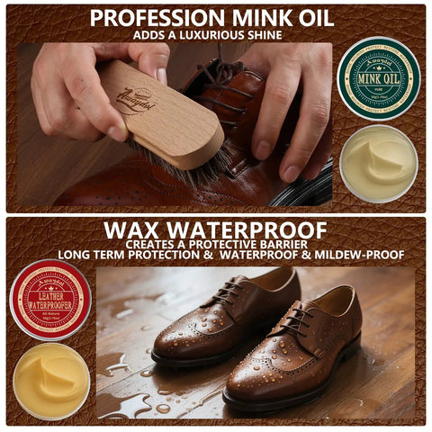 Premium Eleven Piece Leather Care Kit With Horsehair Brushes Rich Saddle Soap Conditioning Mink Oil Waterproofing Wax Soft Polishing Cloths And Microfiber Pads, application of mink oil on polished leather shoes.