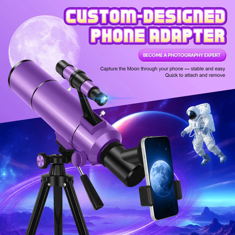 80mm Aperture Portable Astronomy Telescope For Kids And Grownups With 500mm Focal Length Beginner Friendly High Power Starter Scope Travel Ready With Tripod Adapter Backpack Stickers, purple telescope with phone adapter