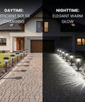 Eight Pack Solar Walkway Lights With Patterned Glass And Metal Finish, 15 Lumen Outdoor Landscape Lighting on driveway.