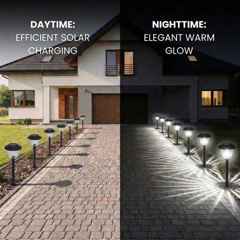 Eight Pack Solar Walkway Lights With Patterned Glass And Metal Finish, 15 Lumen Outdoor Landscape Lighting on driveway.