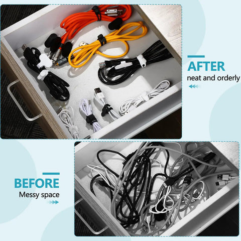 Drawer showcasing before and after using 40 Piece Silicone Cable Tie And Label Set For Wires Includes 20 Ties And 20 Identification Labels Multipurpose Reusable Wire Organizer For Cords Chargers Home Office And Tech Gear.