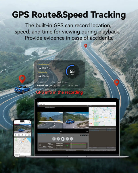 Laptop and smartphone display GPS route and speed tracking with F9 Dual Dash Cam 4K Front And Rear 1080P With WiFi GPS App Control.