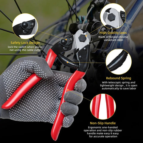 Close-up of hand using stainless steel cable cutter from All In One 103 Piece Bike Brake Cable Kit With Stainless Steel Cable Cutter And Shifter Cable Housing Set Helps You Keep Your Ride Dialed In