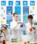 Students in lab coats performing experiments, set against a wall of Vibrant Science Posters Bulletin Board Set For Classrooms With 16 Colorful Posters 10 Themed Cutouts And 80 Glue Points Easy Wall Decor For Middle School And High School That Makes Learning Lit.