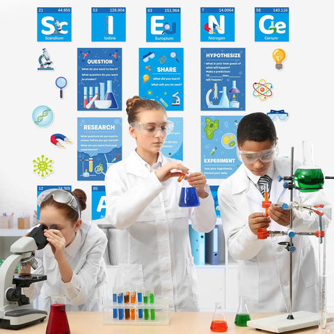 Students in lab coats performing experiments, set against a wall of Vibrant Science Posters Bulletin Board Set For Classrooms With 16 Colorful Posters 10 Themed Cutouts And 80 Glue Points Easy Wall Decor For Middle School And High School That Makes Learning Lit.