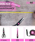 40 Piece Pink Home Tool Set With Plastic Toolbox Storage Case featuring scissors, utility knife, and tape measure for repairs.