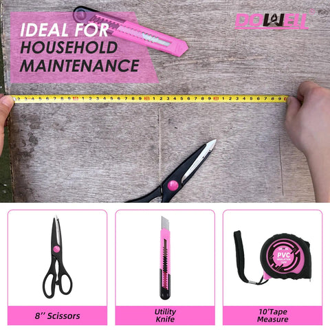 40 Piece Pink Home Tool Set With Plastic Toolbox Storage Case featuring scissors, utility knife, and tape measure for repairs.