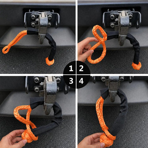 2 Pack Synthetic Soft Shackle 7 16 Inch 20 Inch Rope Shackle With Extra Sleeves 48000 Lbs Breaking Strength attached to vehicle