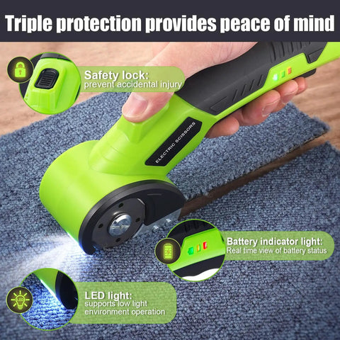 Professional Grade 3.6V Cordless Electric Scissors And Cardboard Cutter With High Speed Motor And Safety Lock showing safety lock and LED battery indicator.