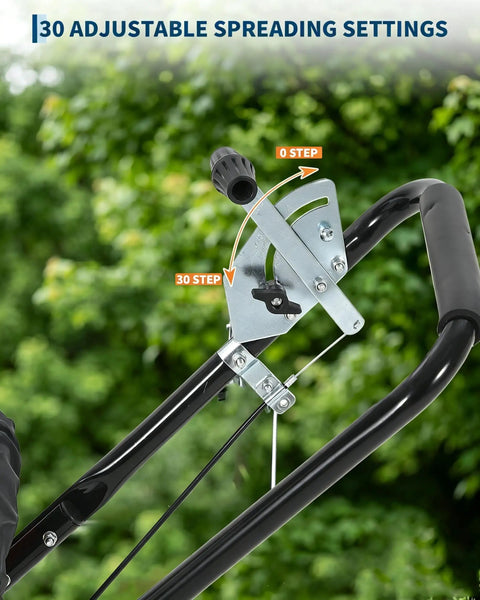 Close-up of adjustable flow control system on 80 Lb Capacity Push Broadcast Spreader With 12 Ft Spread Width And 13 In All Terrain Wheels