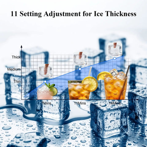 Graph of 11-setting ice thickness adjustment showing drinks on ice against High Capacity Ice Maker Machine For Restaurant And Home