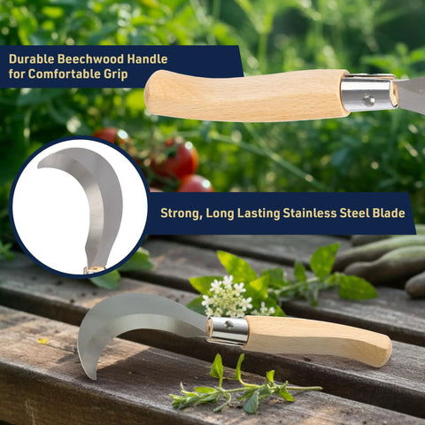 8 Inch Hand Sickle Hawkbill Garden Knife With Beechwood Handle For Harvesting, Weeding, And Pruning on wooden surface