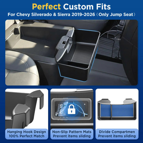 Center Console Hanging Organizer Tray For Chevy Silverado Sierra 1500 2019-2026 shown in vehicle interior setup