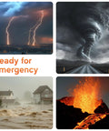 Collage of natural disasters: lightning storm over city, tornado on road, flooded homes, and erupting volcano with 'Ready for Emergency' text.