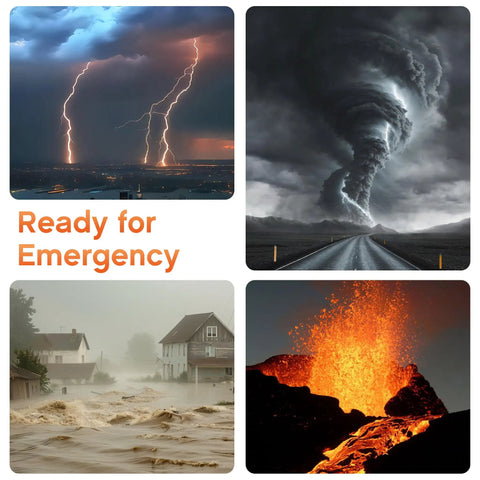 Collage of natural disasters: lightning storm over city, tornado on road, flooded homes, and erupting volcano with 'Ready for Emergency' text.