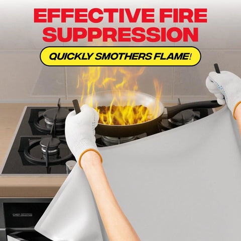All In One Fire Safety Kit With Four Kitchen Fire Blankets used to suppress flames on stovetop pan effectively.