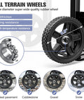 All Terrain Folding Hand Truck With Seven Inch Solid Rubber Wheels, close-up of 6.9 inch wheel showcasing rubber tire and bearing.