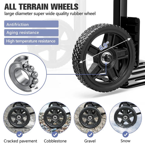 All Terrain Folding Hand Truck With Seven Inch Solid Rubber Wheels, close-up of 6.9 inch wheel showcasing rubber tire and bearing.