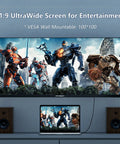 UltraWide 40 Inch Gaming Monitor With 3440x1440 WQHD, 144Hz Refresh, FreeSync Premium, above speakers and laptop