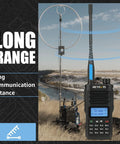 Rugged Dual Band Handheld Radio With IP68 Waterproofing, 2500mAh USB-C Battery, CHIRP Compatible Walkie Talkie in outdoor setting