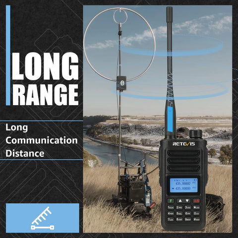 Rugged Dual Band Handheld Radio With IP68 Waterproofing, 2500mAh USB-C Battery, CHIRP Compatible Walkie Talkie in outdoor setting