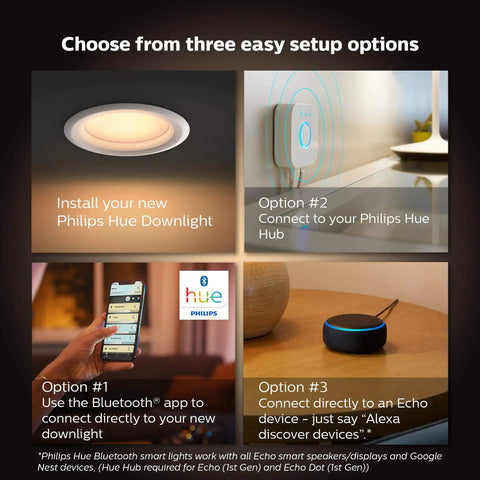 Guide showing setup options for Smart Recessed 5/6 Inch LED Downlight White Ambiance with app and voice control devices.
