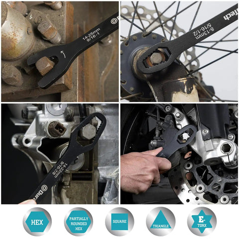 Universal Wrench Set With 38 Pieces Dual SAE And Metric Wrenches From One Quarter Inch To One Inch And Six To Twenty Five Millimeters Two Piece Carbon Steel With Corrosion Resistant Finish Ideal for Home And Auto Repairs shown in use on bolts.