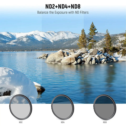 58mm UV CPL FLD ND Filter Kit For Canon Rebel EOS Cameras showing ND2 ND4 ND8 filters on snowy lake landscape