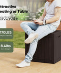 Person sitting on Weatherproof 31 Gallon Deck Box With Lockable Lid For Outdoor Patio Garden And Backyard Storage