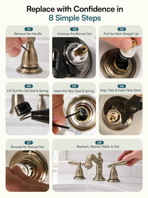 Step-by-step guide for No Sweat Top Shelf Two Handle Delta Faucet Repair Kit Rp25513 Stem Assembly installation.