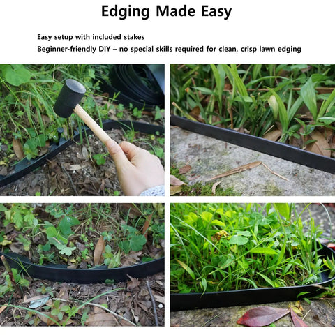 60 Foot Plastic Landscape Edging No Dig Black Lawn Border With 72 Stakes shown in garden with easy installation demo.