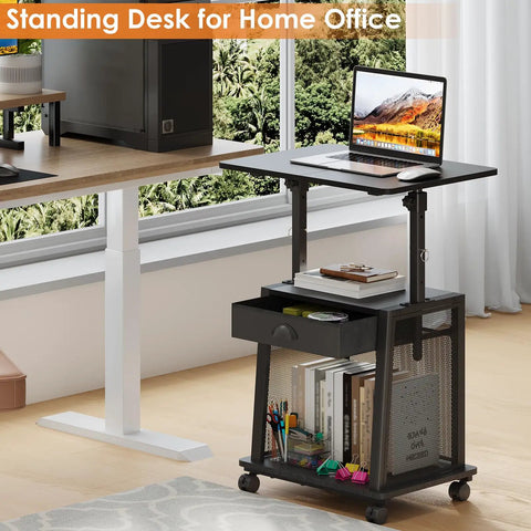 Height Adjustable Standing Desk On Wheels With Drawer And Storage in home office setting