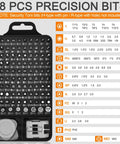 98 precision bits in the Premium 115 In 1 Magnetic Precision Screwdriver Set For Electronics And Tech Repair toolkit displayed.