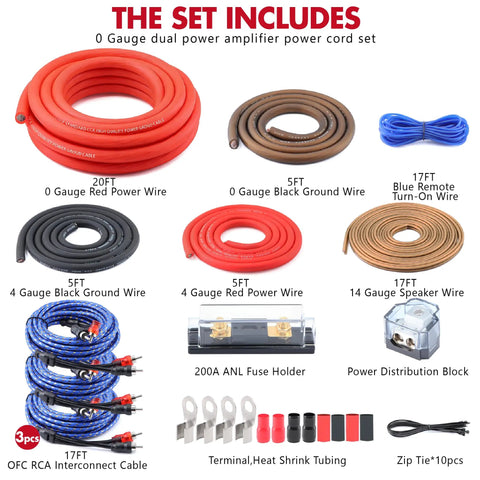 0 Gauge True Dual Amp Wiring Kit With 2000W Power 200A ANL Fuse OFC RCA Cables 14 Gauge Speaker Wire Pre Cut Power And Ground Cables Distribution Block Install Hardware For A High Performance Car Audio System. Kit parts laid out