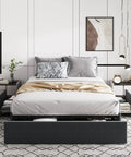 Full Size Platform Storage Bed Frame With Three Smooth Rolling Drawer Pulls Upholstered In Dark Grey Linen Fabric Over Heavy Duty Metal Supports in modern bedroom