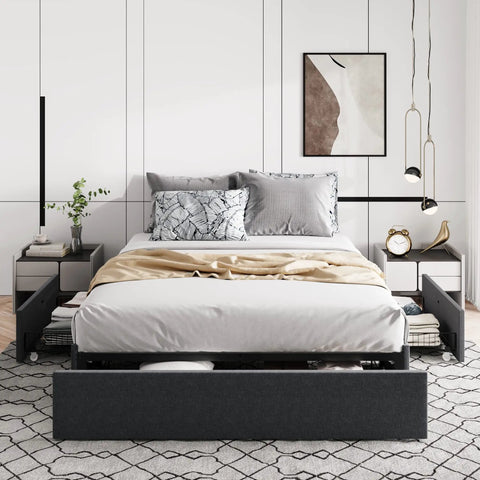 Full Size Platform Storage Bed Frame With Three Smooth Rolling Drawer Pulls Upholstered In Dark Grey Linen Fabric Over Heavy Duty Metal Supports in modern bedroom
