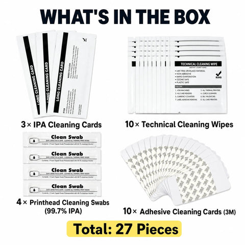 Complete Card Printer Maintenance Kit Compatible With Fargo HDP Models Featuring IPA Scrub Wipes and Adhesive Cleaners, 27 pieces.