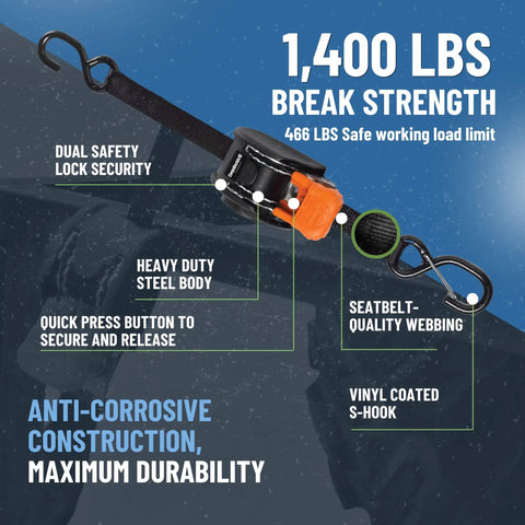 Mini G3 Retractable Ratchet Straps With Dual S Hooks, 1400 Lbs Break Strength, 1 Inch Wide, Auto Ratchet Tension