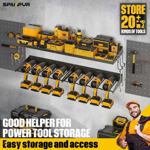Power Tool Organizer Wall Mount Rack, 14 Drill Holder, Heavy Duty Metal Tool Shelf with tools and batteries in garage setup