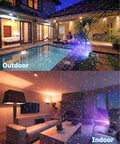 Outdoor Laser Christmas Lights Projector illuminating yard and living room, showcasing RGB moving firefly effects indoors and outdoors.