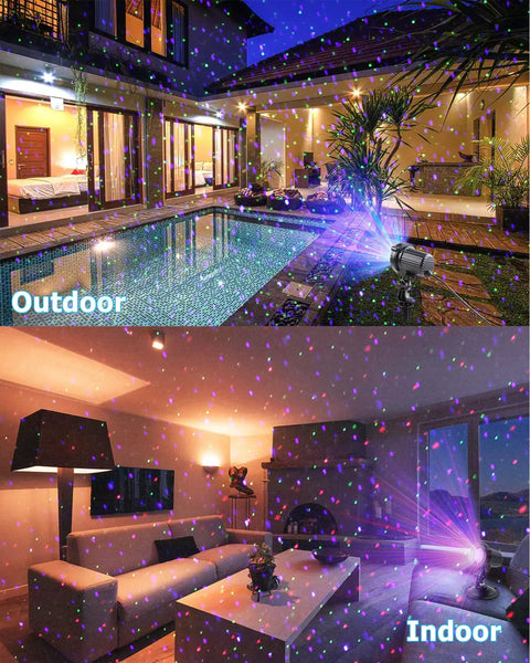 Outdoor Laser Christmas Lights Projector illuminating yard and living room, showcasing RGB moving firefly effects indoors and outdoors.