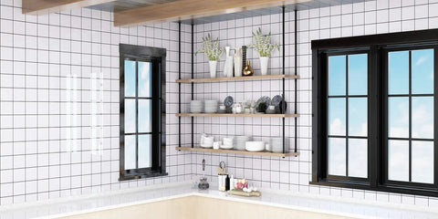 68 Inch Ceiling Mount Industrial Pipe Shelf Brackets Set 4 Pack Heavy Duty Black Iron Shelving Brackets for Kitchen Storage