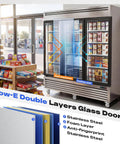 Workhorse Commercial Upright Freezer 72 Cubic Feet Stainless Steel Reach In Display Cabinet Three Glass Doors with products inside.