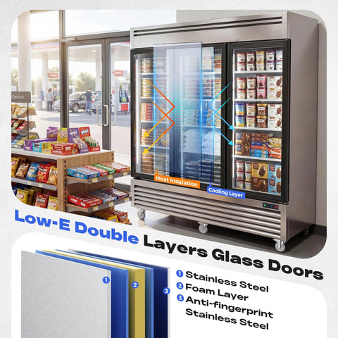 Workhorse Commercial Upright Freezer 72 Cubic Feet Stainless Steel Reach In Display Cabinet Three Glass Doors with products inside.